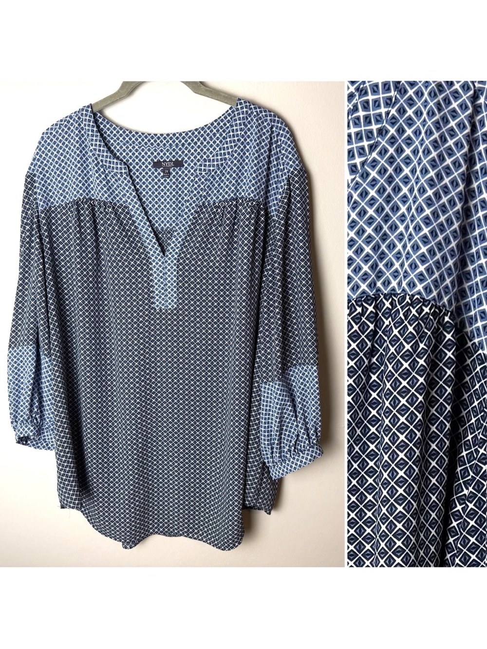 NYDJ Blouse Plus Size 2X Top 3/4 Sleeves Blue White Geometric Print V-Neck Casu